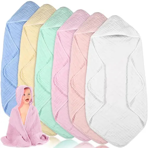 Peryiter 6 Pcs Muslin Hooded Baby Towels,32"x 32" Cotton Newborn Bath Towel Muslin Infant Baby Blankets Absorbent Unisex Newborn Registry Gift for Girls Boys (Light Color Series)