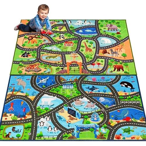 2 PS Kids Rug Playmat Rug,59"X39.4" Animal and Marine AnimalsCar Rugs for Kids Toy Cars,Non Slip Zoo and Aquarium Road Map Kids Carpet for Playroom Bedroom Boys,Kids Play Mat Road Rug,Track Rug Car P