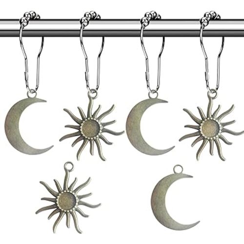 Sun Moon Celestial Shower Curtain Hooks Rings - Mid Century Abstract Boho Shower Curtain Hooks, Minimalist Vintage Cute Shower Curtain Hooks,Chic Mystic Fantasy Goth Nature Bathroom Decor