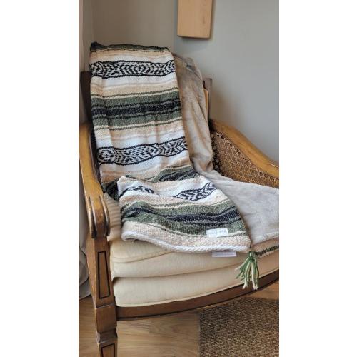 Olive Green + Tan LARGE size Mexican blanket paired with Minky Plush. Neutral blanket. Boho Blanket.