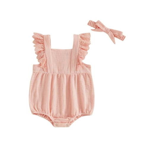 Boiiwant Baby Girls 2Pcs Summer Outfits 3 6 12 18 Months Infant Sleeveless Frill Romper +Hat Set Newborn Casual One Piece Clothes