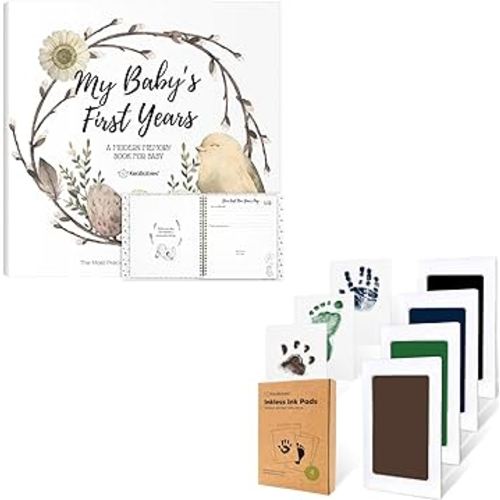 First 5 Years Baby Memory Book Journal & Inkless Hand and Footprint Kit - 90 Pages Hardcover First Year Keepsake Milestone Baby Book For Boys, Girls - 4-Pack Ink Pad for Baby Hand and Footprints