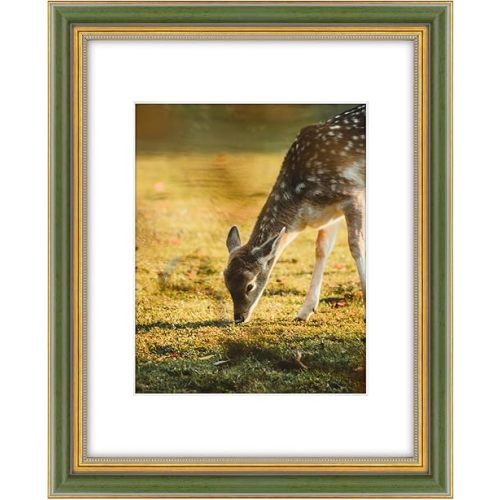 Space Art Deco, 11x14 Ornate Picture Frame for 8x10 Photo with White Mat, High Definition Real Glass for Wall Mounting (Green Gold, 1 Pack)