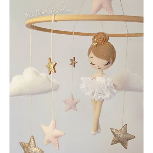 Babygirl Nursery decor, babygirl mobile ballerina, pink, golden stars and white clouds for Baby shower gift, babygirl gift
