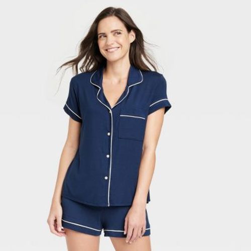 Women's Beautifully Soft Short Sleeve Notch Collar Top and Shorts Pajama Set - Stars Above™, Color: Navy Blue, Size: M