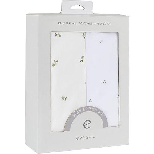 Ely's & Co. Patent Pending Waterproof Pack and Play Sheets, 100% Cotton with Waterproof Lining – 2 Pack Fitted Mini Crib Sheet Set, Berry and Cluster Dot (Sage) 38” x 24”