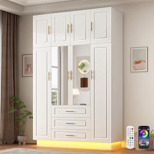 Large Armoire Wardrobe Closet Cabinet with Drawers and LED Lights, Multi-Tier Shelves, Hanging Rod, Large Capacity Storage 4 Door Wardrobe Armoire with Top Cabinet for Bedroom, White
