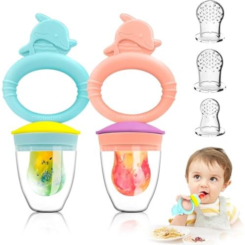 Baby Solids/Frozen Fruit Feeder Pacifier, Infant Teether Toy 4M+, BPA-Free Silicone Pouch & Nipple, Safely Introduce Solids, Teething Relief, 2-Pack (Dolphin - Blue Pink)