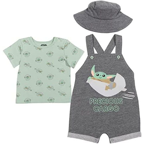 STAR WARS Chewbacca R2-D2 Yoda Baby French Terry Short Overalls T-Shirt and Hat 3 Piece Outfit Set Newborn to Infant