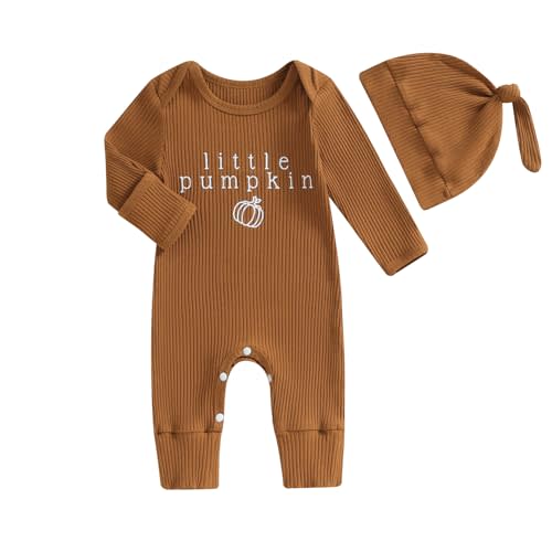 YOKJZJD Newborn Baby Boy Girl Halloween Outfit New To The Crew Knitted Long Sleeve Romper Jumpsuit with Hat Fall Clothes