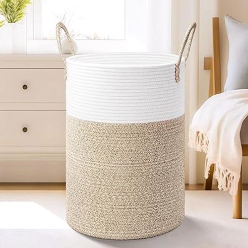 Laundry Basket,Woven Cotton Rope Laundry Hamper,60L for Decor Storage of Dirty Clothes,Toys and Blankets in Bathroom,Baby Room and Living Room