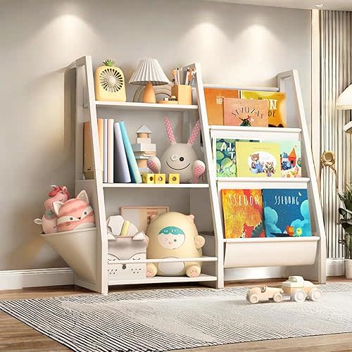 Kids Bookshelf with Storage Bag, 3 Tier Bookshelf and Toy Storage Organizer for Kids, Kids Bookcase Metal Non-Slip Book Shelf for Kids Room, Bedroom, Playroom and Nursery, White