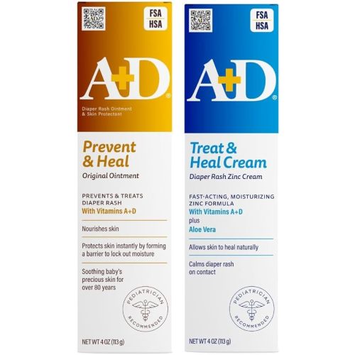 A+D Original Diaper Rash Ointment + Zinc Oxide Diaper Rash Cream 4oz Variety Pack - Prevents & Treats - Moisturizing Skin Protectant With Vitamins A & D