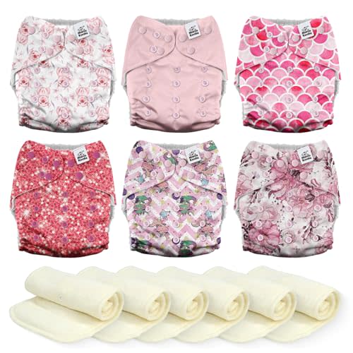 Mama Koala 6 Pack Reusable Cloth Diapers for Babies Girls Newborn, One-Size Adjustable Baby Diaper, Durable Stitching, Back Opening for Inserts, Breathable Awj Lining, Leak Prevention-Lovely Pink
