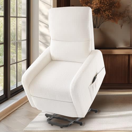 Jocisland Power Lift Recliner Chairs for Adults, Small Electric Recliners with High Back & Side Pocket for Nursery Living Room Bedroom, Comfy Upholstered Modern Nursing Single Sofa, Teddy White