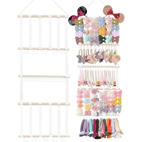48" X 15" Headband Holder, Baby Headband Organizer w/16Pcs Cotton Ribbons, 40Pcs S Hooks, 1Pc Non-Trace Hook & 1Pc Cotton Rope, Bow Holder for Girls Hair Bows for Wall, Door or Closet