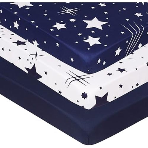 Belsden Pack of 3 Mini Crib Sheet Set, Pack N Play Sheet Set for Baby Boys and Girls, Cloudy Soft Touch and Machine Washable, Fitted Playard/Portable Crib Sheet, White star & Navy & Navy star