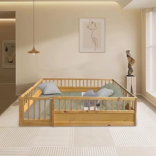 Full Size Floor Bed with Door & Safety High Fence for Kids, Girls, Boys, Bedroom, Playroom,Solid Wood Playhouse Bedframe,Easy Assemble & Space Saving Design & No Box Spring Needed, Natural