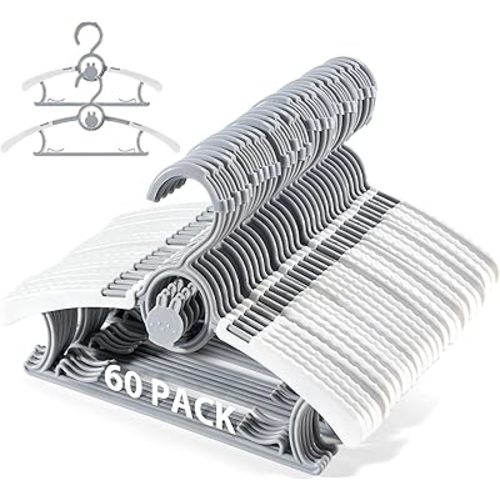 Baby Hangers, 60PCS Kids Hangers, Extendable & Stackable Baby Hangers, Grey Toddler Hangers for Baby Toddler Children Kids Teen, 11 14Inch Non-Slip Plastic Kid Hangers, Baby Clothes Hangers