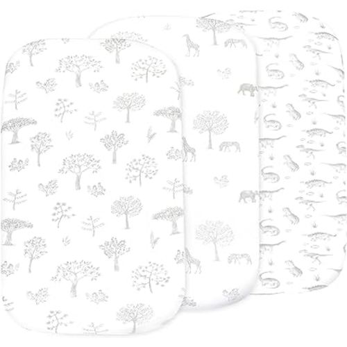 Baby Bassinet Sheet Set for Boy and Girl, 3 Pack Organic Cotton Universal Fitted Bedding Cover for Oval, Hourglass & Rectangle Bassinet Mattress, Fitted Sheets Size 32 x 16 x 4 Inches (Soft Grey)