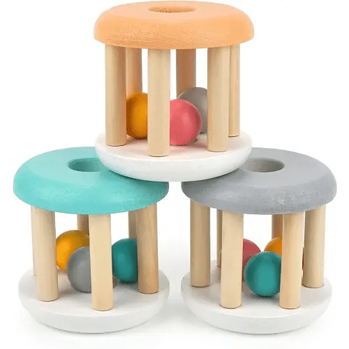 DUCKBOXX XX Montessori Infant Toys, Natural Wood Rolling Rattle Toy for Babies Ages 0m – 2yrs (White Base - 3pcs)