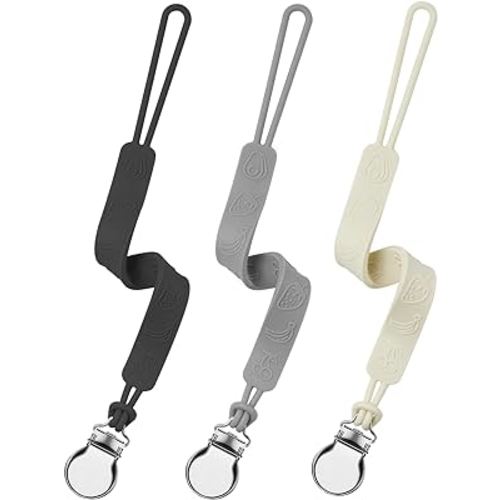 Silicone Pacifier Clip, Seposeve Pack of 3 Baby Pacifier Teether Clip with 4 Texture, Soft Flexible Silicone Pacifier Leashes & Cases for Boy and Girl, Keeps Pacifier Clean, Black Grey White