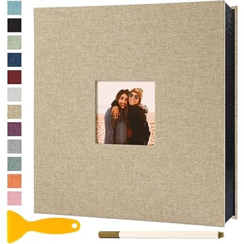 Self Adhesive Photo Album Black Pages Scrapbook Magnetic Photo Albums for 4x6 5x7 8x10 Pictures Books with Sticky Pages with A Metallic Pen for Baby Family Wedding 11x10.6 Yellow 60 Pages