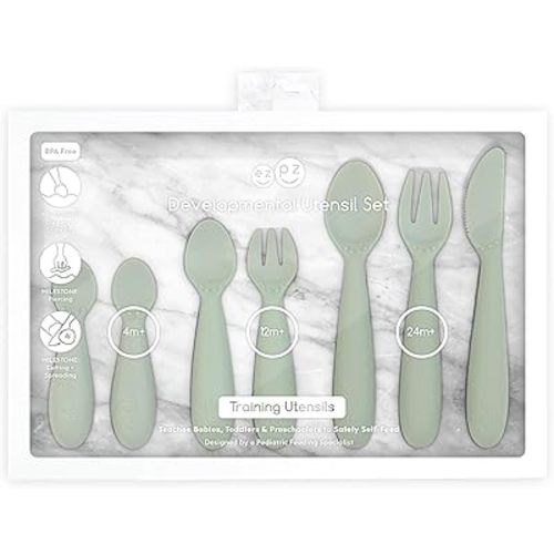 ezpz Developmental Utensil Set - 100% BPA Free Fork, Spoon, Knife for Babies, Toddlers and Preschool First Foods + Self-Feeding - Designed by a Pediatric Feeding Specialist (Sage)