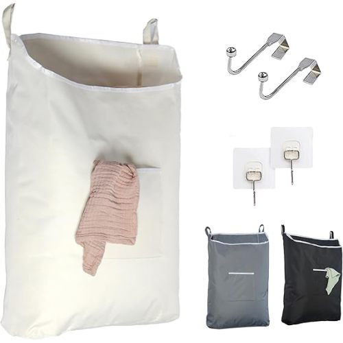 The Fine Living Co. Hanging Laundry Hamper with Over Door Hooks & Adhesive, Durable Space Saving Laundry Bag with Zipper and Wide Open Top, Hanging Dorm Laundry Hamper 18"x4.75"x28" (Beige-L)