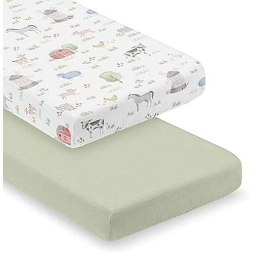 Sweet Jojo Designs 2-Piece Muslin Crib Sheets (Farm Animals) for Baby Girls/Boys, Infant Nursery, Toddler Room - Standard Size 100% Cotton Sheet Set (Solid Sage, Farmhouse Barn Animal Horse Cow Sheep)