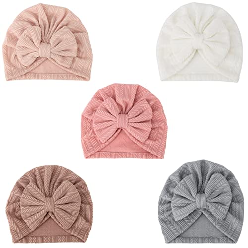 DRESHOW BQUBO 5 Pieces Newborn Baby Turban Hats Bow Baby Infant Beanie Breathable Toddler Cap for Baby Girls