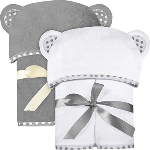 Set of 2 Bamboo Hooded Baby Towels – Luxurious, Large and Super Absorbent – 30 x 30 Inch – White and Gray