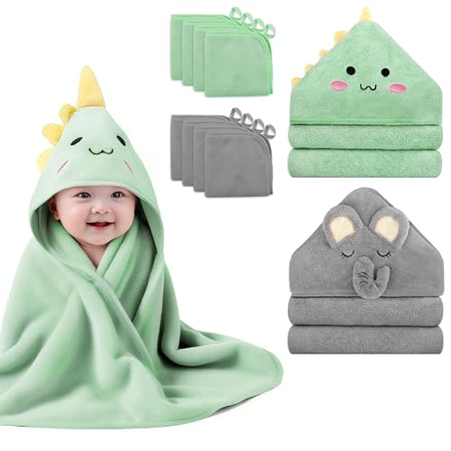 10 PCS Cute Baby Towels Set, 2 PCS Soft Baby Hooded Towels & 8 PCS Washcloths, Baby Bath Towels for Newborns, Infants & Toddlers, Ultra Absorbent, Cute Baby Towel Gift for Boys & Girls