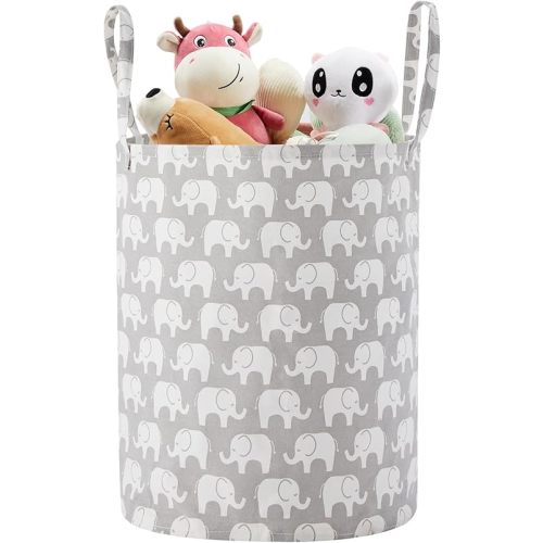 TECHMILLY Large Storage Basket for Girls and Boys, Collapsible Laundry Hamper with Long Handles, Toy Bins for Nursery, Kids Room Décor (Grey Elephant)