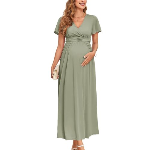 2025 Women's Maternity Maxi Dress Long Sleeve Wrap V Neck Pregnancy Dresses with Pockets Baby Shower Photoshoot Formal
