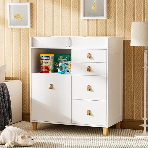 Baby Changing Table Dresser, 33.5" Baby Nursery Dresser with Drawers & Shelf, Wooden Storage Cabinet Chest w/Changing Station for Infant Kids Bedroom, White