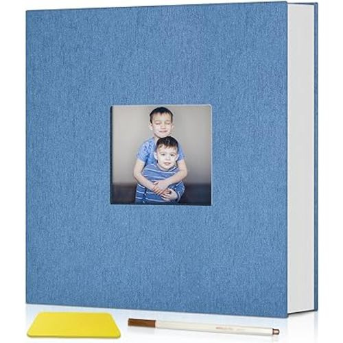 Popotop Photo Album Self Adhesive with Picture Display Window,60 Pages DIY Scrapbook Album for 4x6 8x10 Picture,Linen Cover Memory Book for Baby Wedding, with Scraper and Metallic Pen