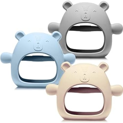 Chumia 3 Pack Baby Teether Teething Toys for Babies 0-6 Months Baby Teething Toy Silicone Anti Dropping Infant Hand Teether Pacifiers Wrist Hand Chew Toys for Sucking Needs (Beige, Gray, Blue)