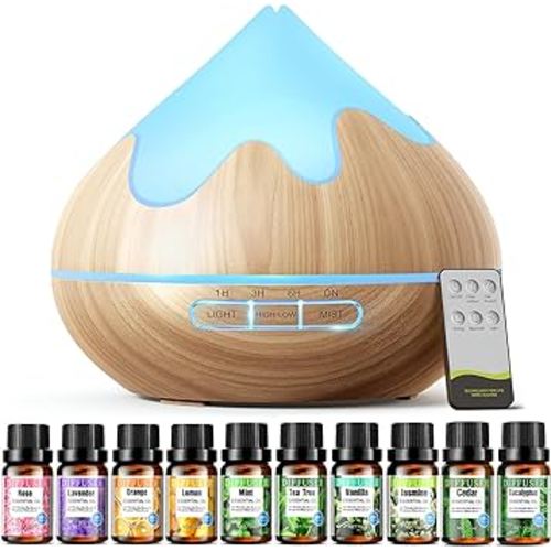500ML Aroma Diffiser with 10 Essential Oils, Essential Oil Diffuser with Remote Control, Ultrasonic Humidifier with for Large Room, 4 Timer Setting, Auto Shut-Off,14 Color Lights