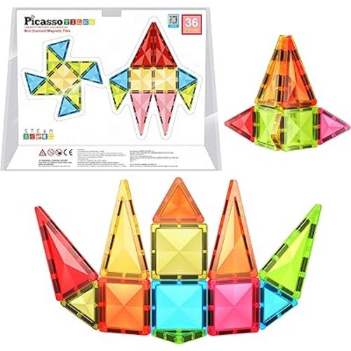 PicassoTiles 36pcs Mini Size Magnetic Tiles Magnet Toys Diamond Series Sensory Construction Building Blocks Set STEM Learning Travel Size Educational Toy for Kids Boys Girls Toddlers Age 3+ PTM36