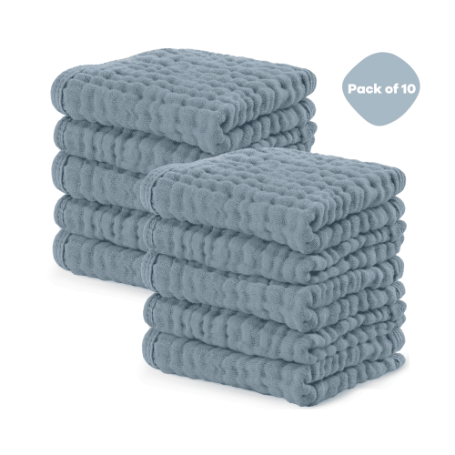 Comfy Cubs Baby Washcloths, Muslin Cotton Baby Towels, Large 10”x10” (Pacific Blue, Pack of 10)