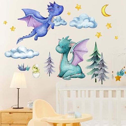 Baby Dragon Wall Stickers - Star Moon Dragon Eggs Wall Decals - Baby Bedroom Boys Nursery Kids Room Daycare Wall Decor