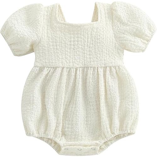 WZTYYDS Baby Girl Summer Clothes Newborn Smocked Bubble Romper Solid Puff Short Sleeve Bodysuit Cute 3 6 9 12 Months Outift