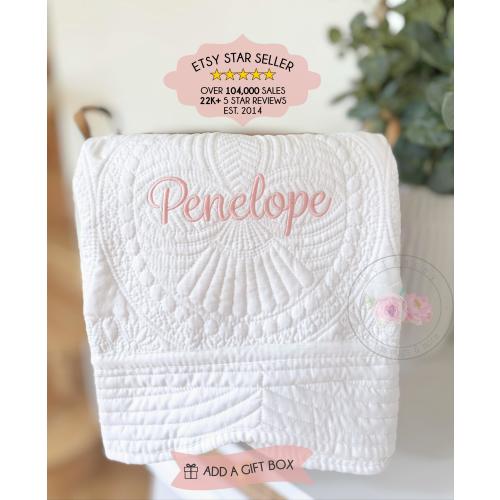 Custom Embroidered Cotton Heirloom Baby Quilt, Personalized Baby Blanket