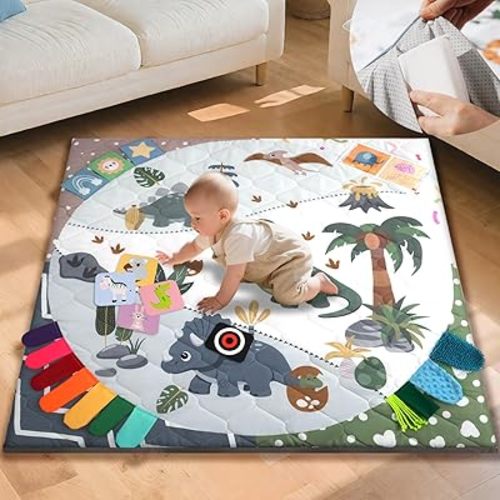 TINYHARBO Premium Foam Baby Play Mat 50x50, 4 Developmental Zones Play Mat with Removable & Machine Washable Cover, Extra Thick Padding Playpen Mat, Easy to Clean for Infants, Toddlers & Babies
