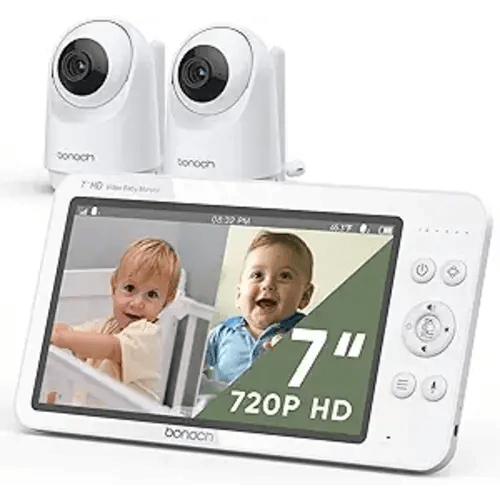 bonoch MegaView Baby Monitor with 2 Cameras, 7" 720P HD Split Screen Baby Monitor No WiFi, Video Baby Monitor with Camera and Audio, 6000mAh, VOX Mode, 2 Way Audio, Remote PTZ, Auto Night Vision - 7" 720p with 2 Cameras