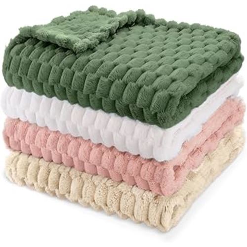 HOMRITAR 4 Pcs Baby Fuzzy Blanket 3D Jacquard Fluffy Blanket for Boy Girls, Soft Warm Cozy Flannel Fleece Warm Blanket Nursery, Stroller Toddler Bedding, 30 x 40 Inch (Olive Green, Cream, Pink, Khaki)