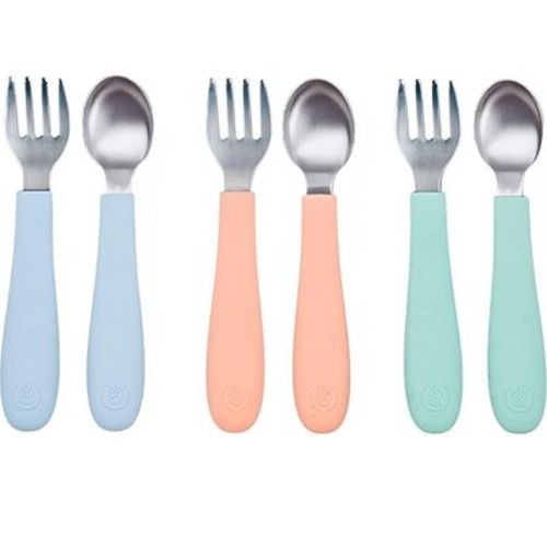 WeeSprout Toddler Utensils, 3 Forks & 3 Spoons, 18/8 Stainless Steel & Food Grade Silicone - Pastel Blue, Coral, Mint