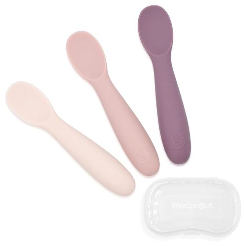 WeeSprout Baby Spoons for Self Feeding 6 Months +, Soft & Durable Silicone Utensils for Sensitive Gums & Teeth, Easy Grip Handles & Shorter Length for Little Hands, 3 Pack + Carrying Case