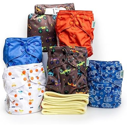 Kinder Cloth Diapers Set of 5 Reusable Baby Diapers Pocket Style Athletic Wicking Jersey, Bamboo Viscose Inserts, Wet Bag, Newborn to Potty Training 7-60lbs, One Size (Let's Go)